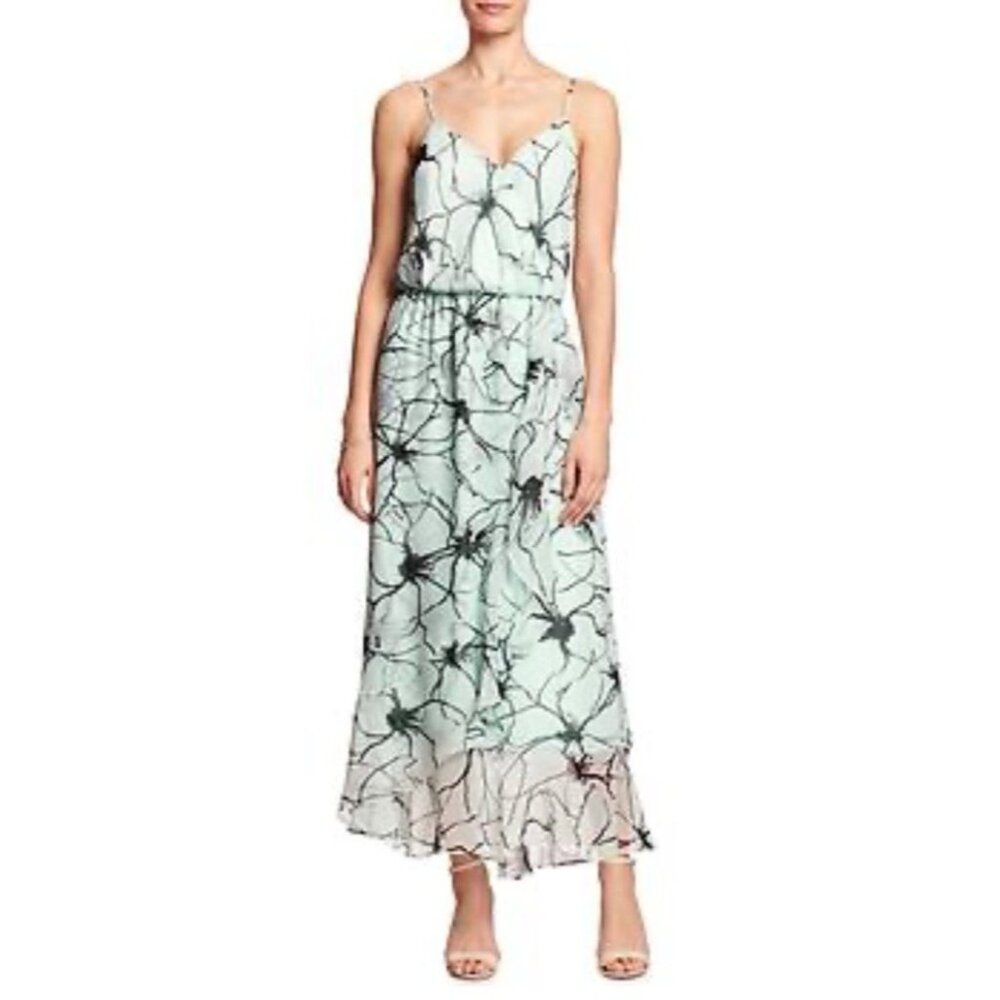 Banana Republic Dress 12P 12 P Blue Black Washable Flowy Floral Midi Sleeveless